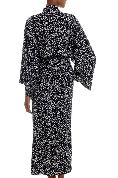 Simple Luxury Black and White Floral Rayon Robe from Indonesia Artisan