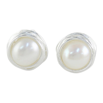 Haloed Moons Pearl & Sterling Silver Stud Earrings