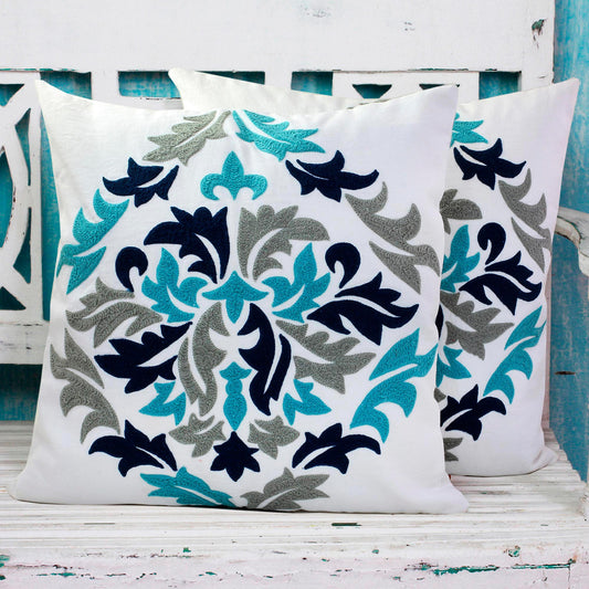 Fresh Leaves Embroidered Cotton Cushion Covers Made in India (Pair)
