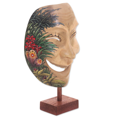 Gleeful Smile Balinese Handcrafted Hibiscus Wood Mask Butterfly Motif