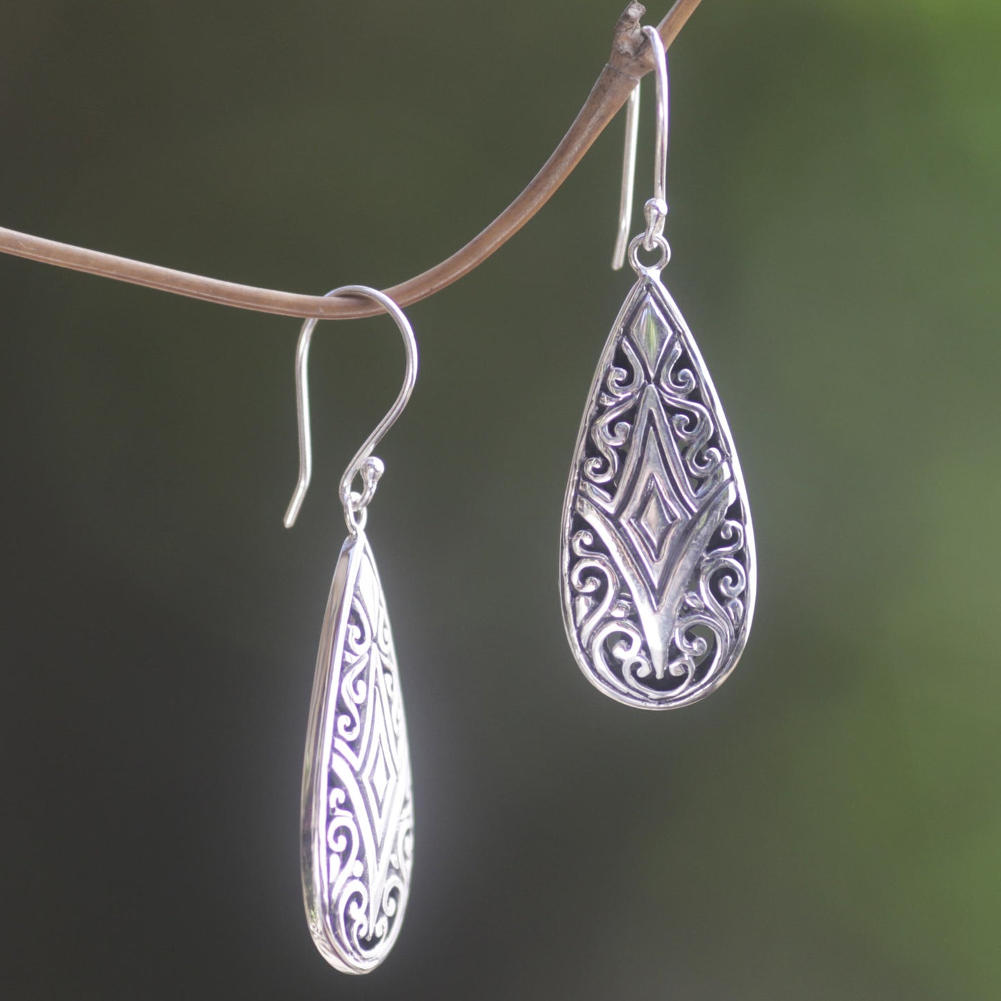 Tamiang Drop Brilliant Sterling Silver Earrings WIth Balinese Motifs