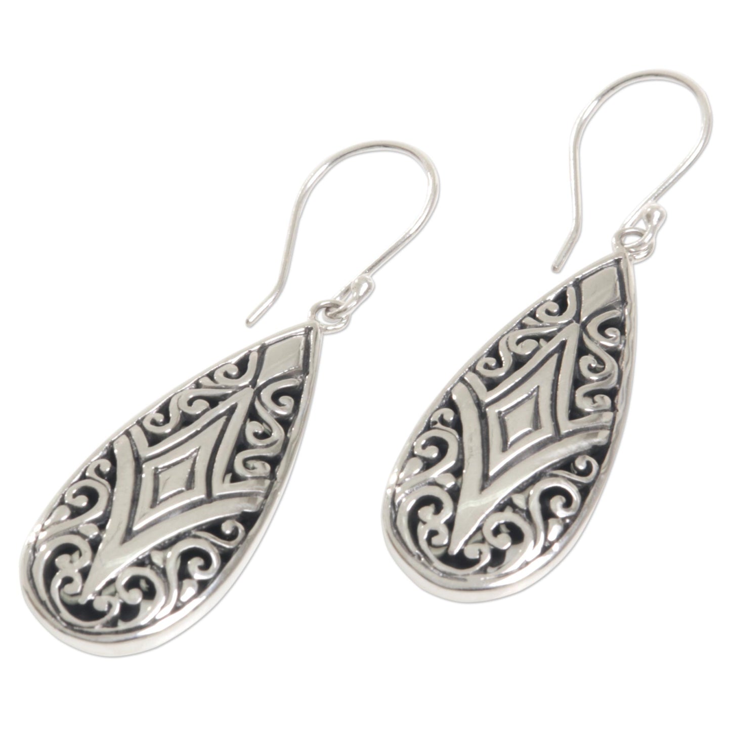 Tamiang Drop Brilliant Sterling Silver Earrings WIth Balinese Motifs