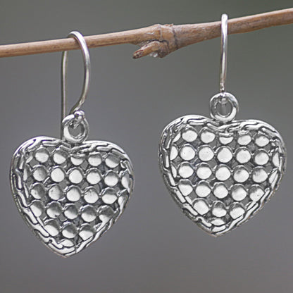 Heart of Steel Sterling Silver Heart Dangle Earrings Handmade in Indonesia