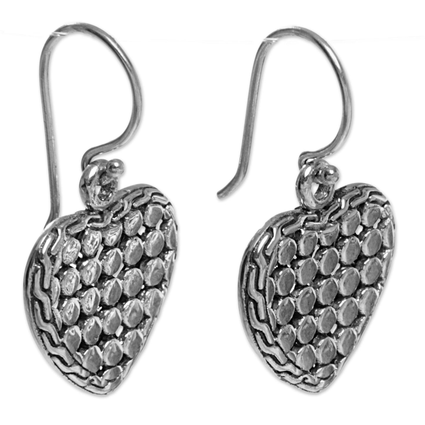 Heart of Steel Sterling Silver Heart Dangle Earrings Handmade in Indonesia