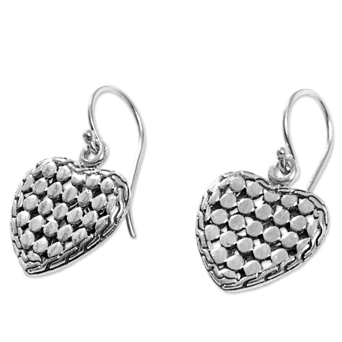 Heart of Steel Sterling Silver Heart Dangle Earrings Handmade in Indonesia