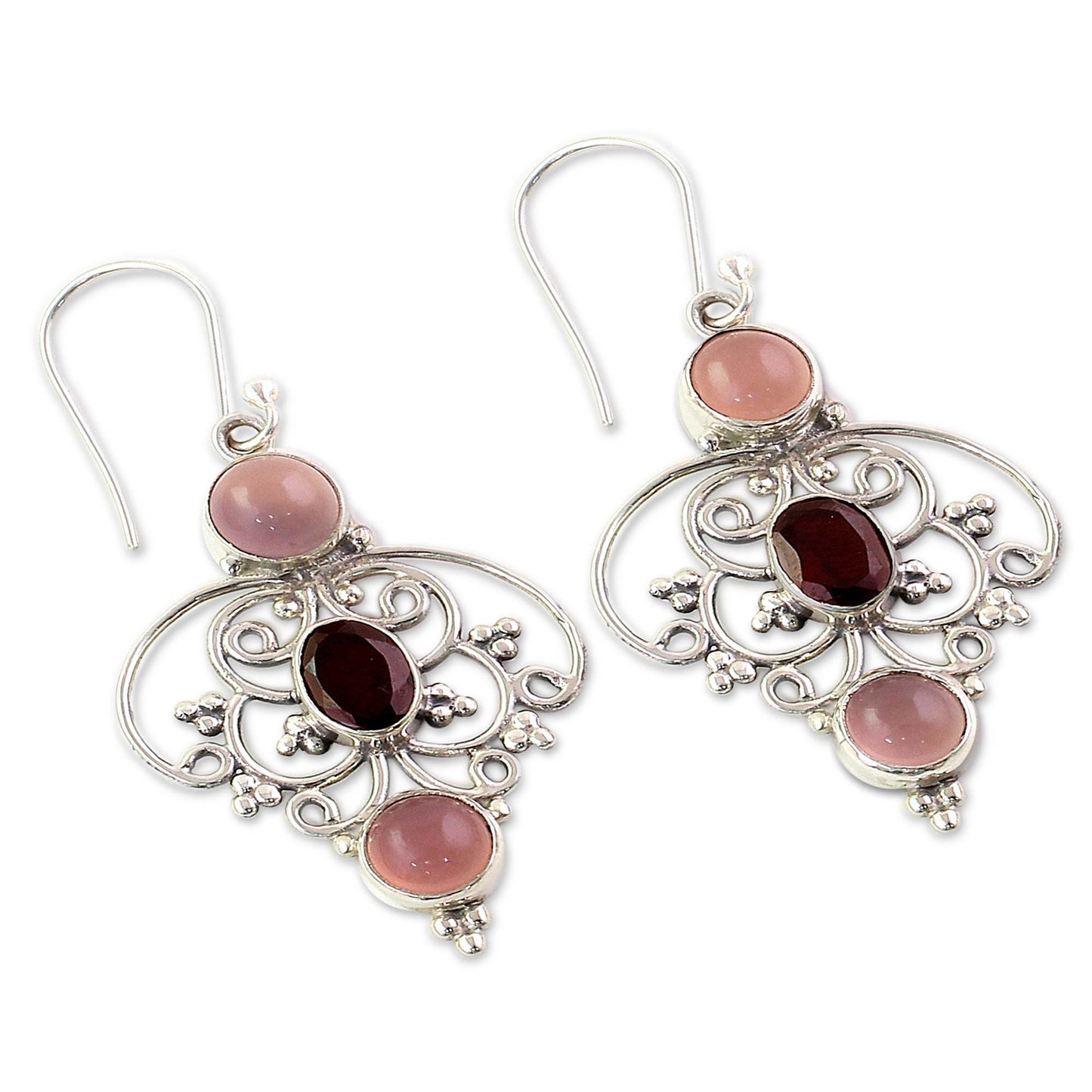 Glistening Jaipur Sterling Silver Garnet Chalcedony Dangle Earrings from India