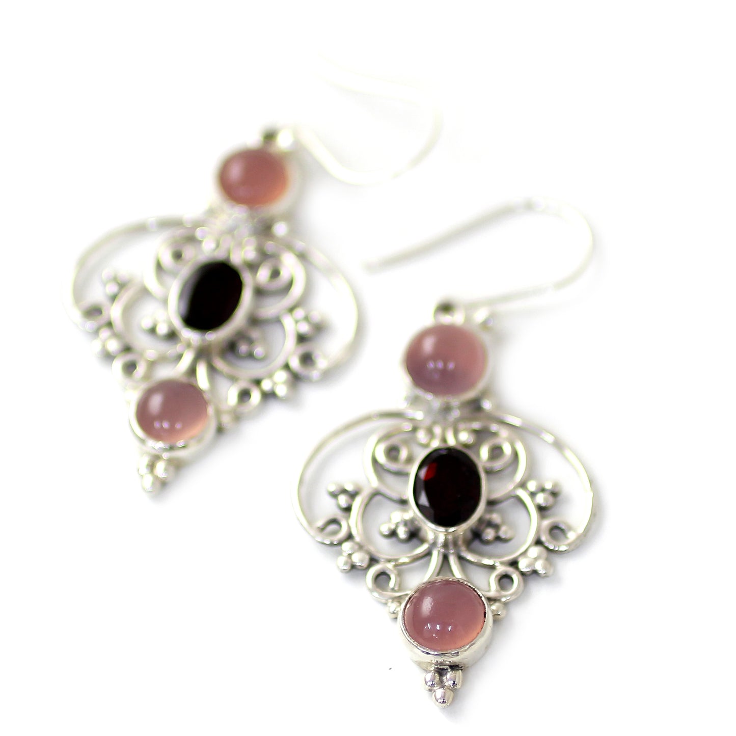 Glistening Jaipur Sterling Silver Garnet Chalcedony Dangle Earrings from India