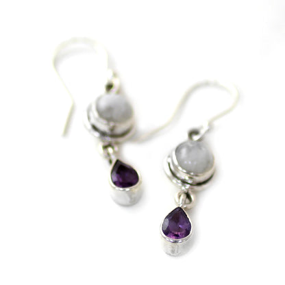 Purple Droplets Amethyst Rainbow Moonstone Dangle Earrings from India