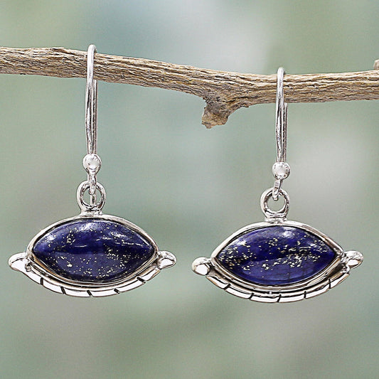 Protective Eyes in Blue Sterling Silver Lapis Lazuli Dangle Earrings from India