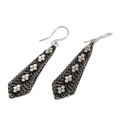 Flower Sword Dangling Silver Earrings Adorned With Balinese Motifs