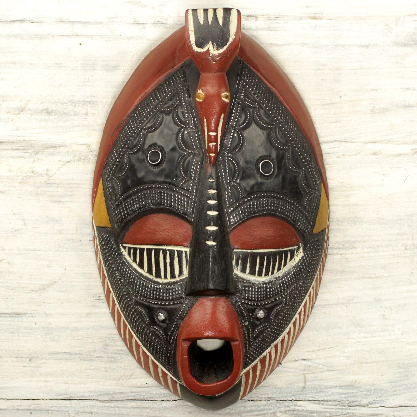 The Town Crier Aluminum and Sese Wood African Carved Mask of a Town Crier