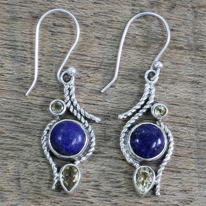 Starry Bliss Lapis Lazuli Citrine Sterling Silver Dangle Earrings India