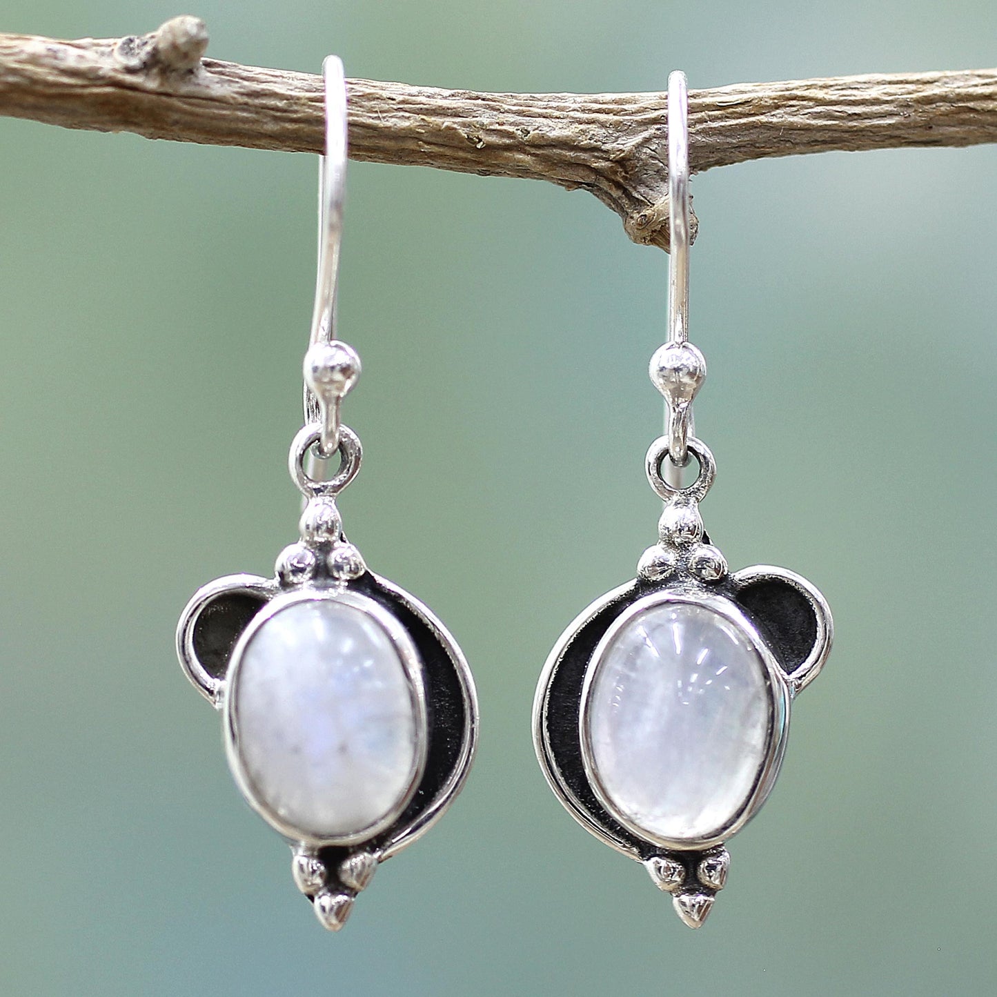 Rainbow Ovals Sterling Silver Rainbow Moonstone Dangle Earrings from India