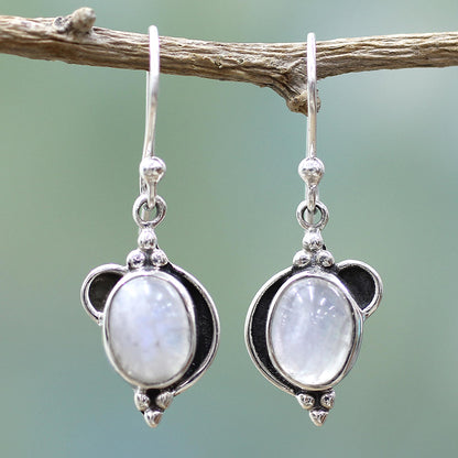 Rainbow Ovals Sterling Silver Rainbow Moonstone Dangle Earrings from India