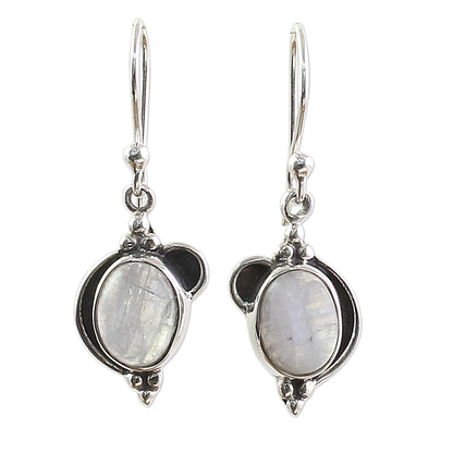 Rainbow Ovals Sterling Silver Rainbow Moonstone Dangle Earrings from India