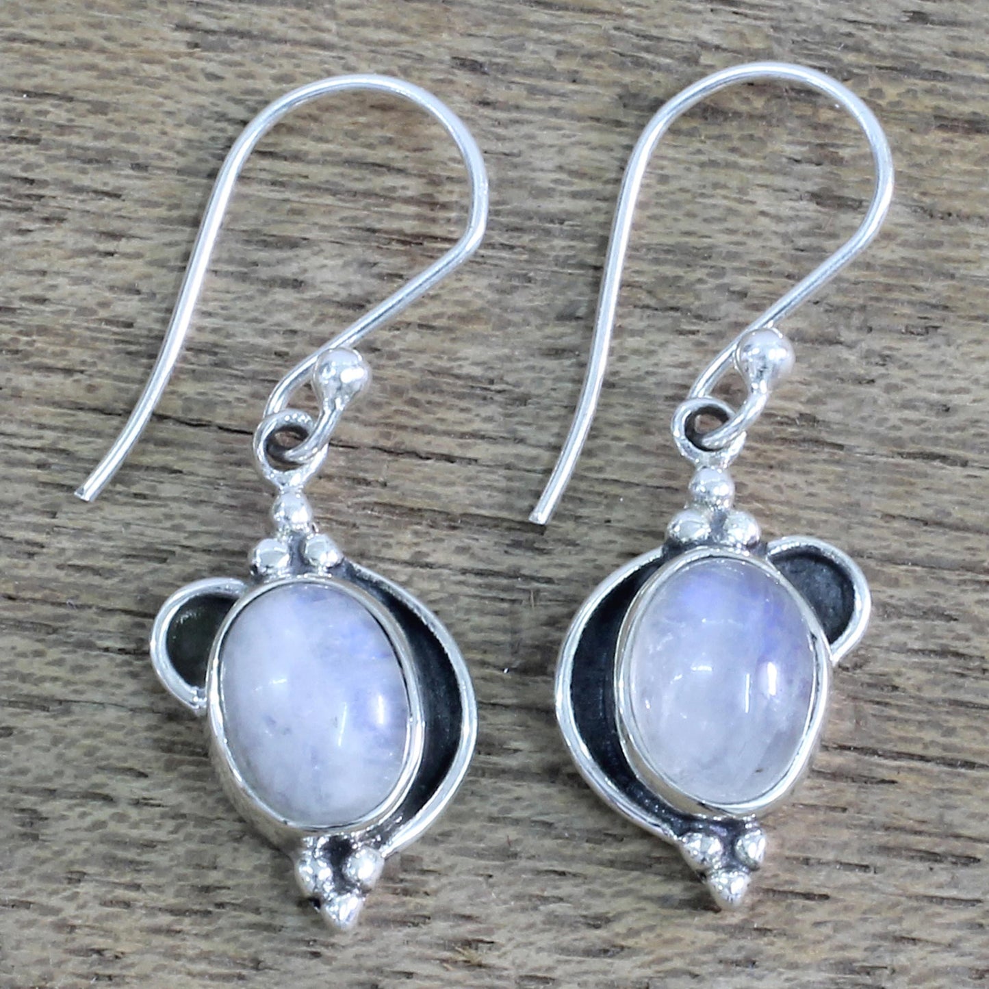 Rainbow Ovals Sterling Silver Rainbow Moonstone Dangle Earrings from India