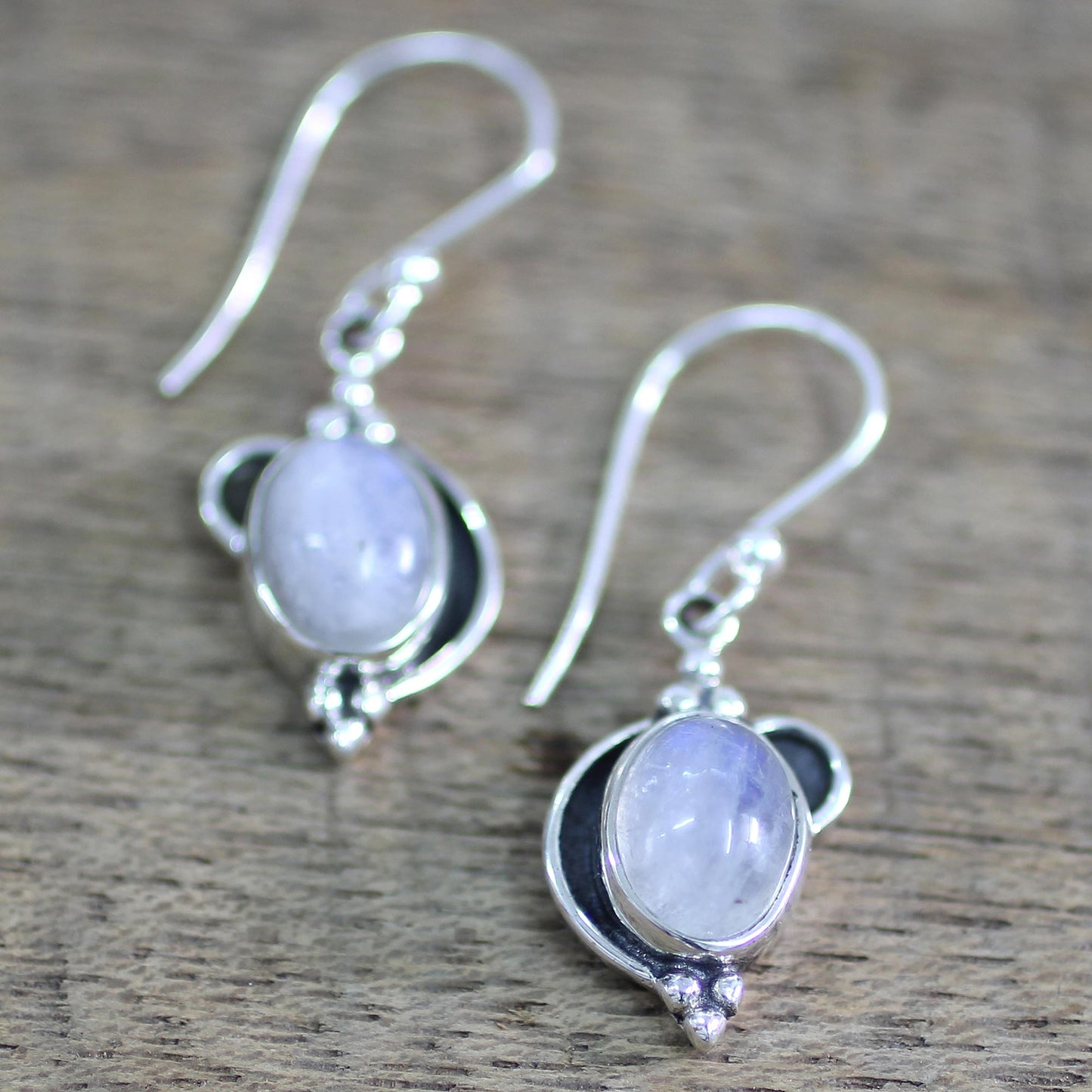 Rainbow Ovals Sterling Silver Rainbow Moonstone Dangle Earrings from India