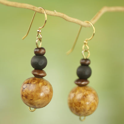 African Fence Sese Wood Bead Dangle Earrings on Brass Hooks from Ghana