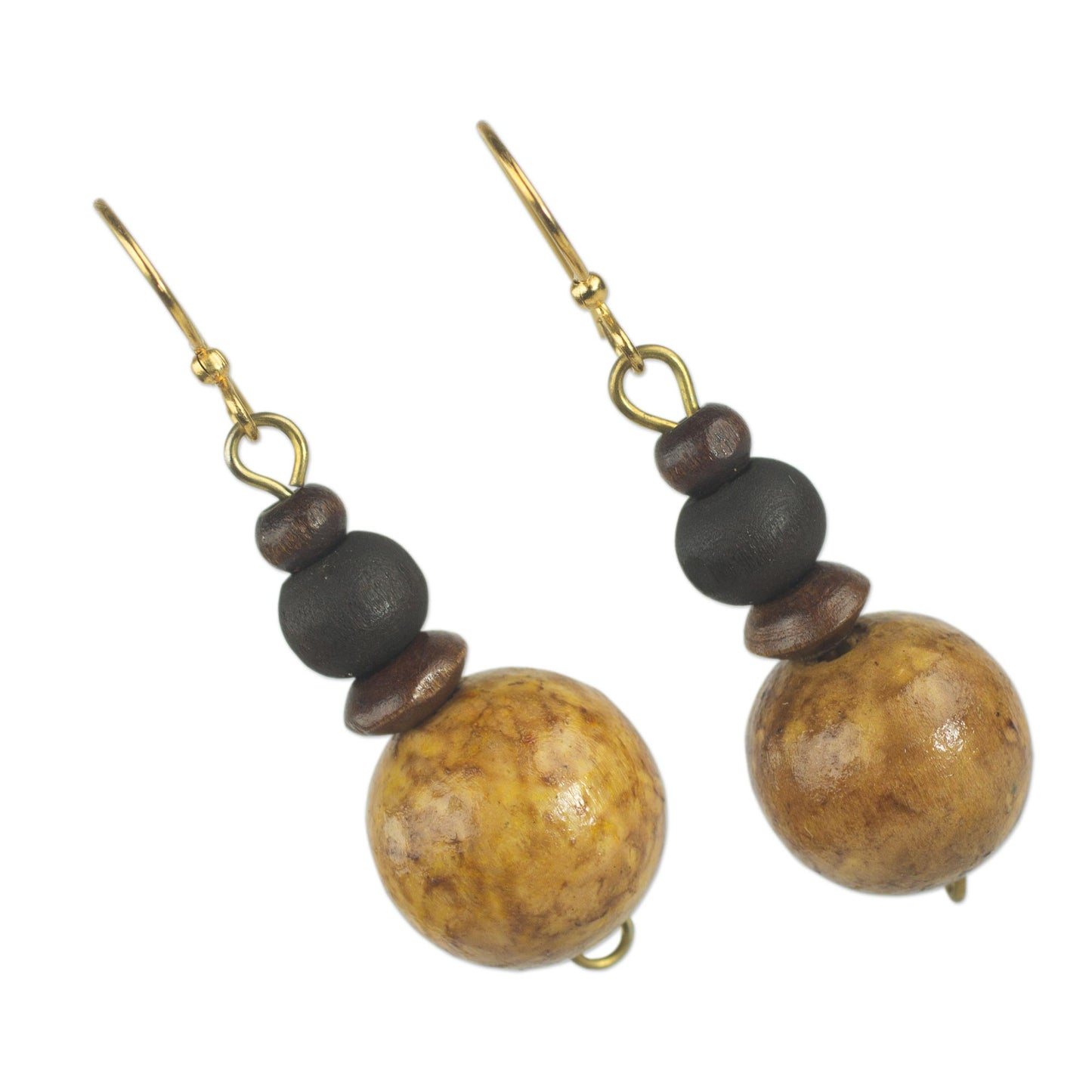 African Fence Sese Wood Bead Dangle Earrings on Brass Hooks from Ghana