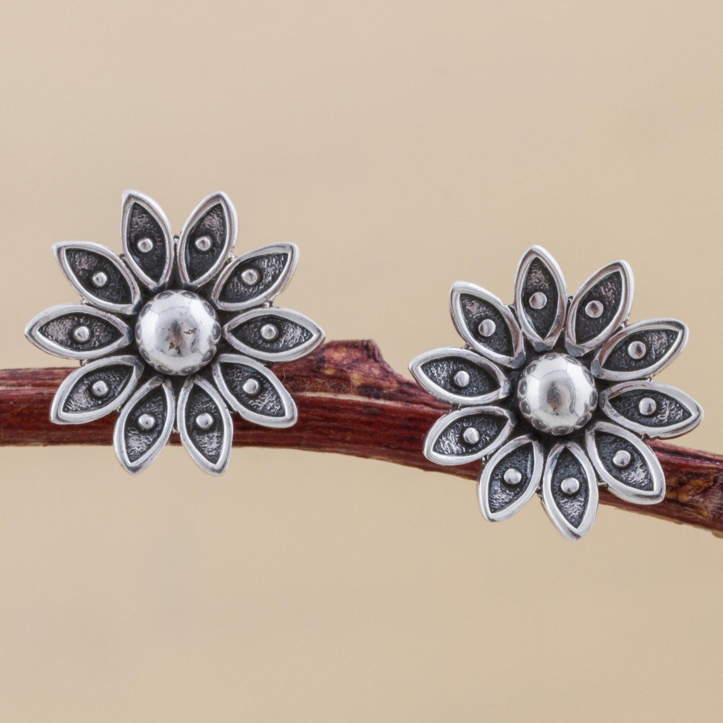 Spreading Lotus Sterling Silver Floral Stud Earrings from Peru