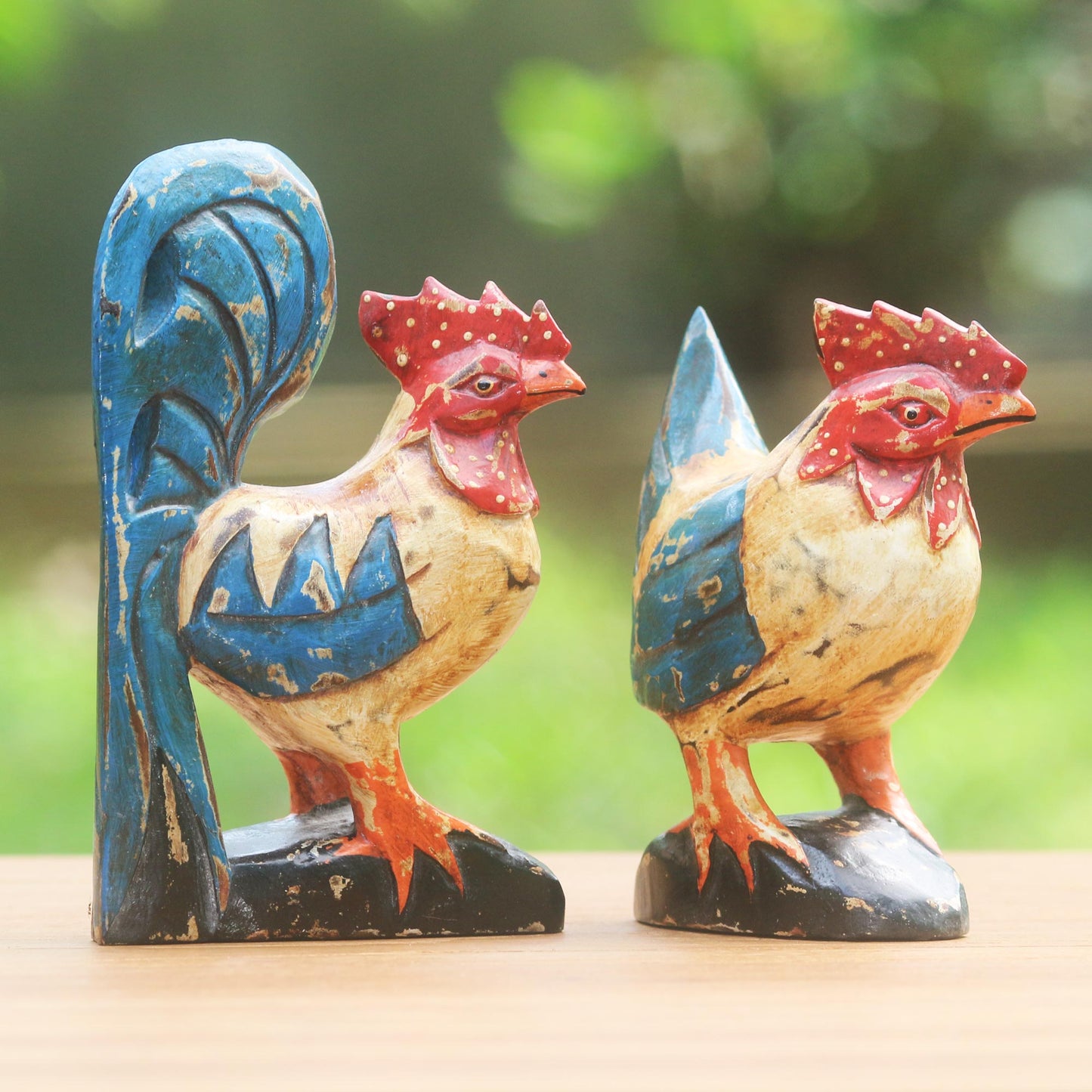 Chicken Couple Wood Chicken Sculptures Blue Red (Pair) from Indonesia