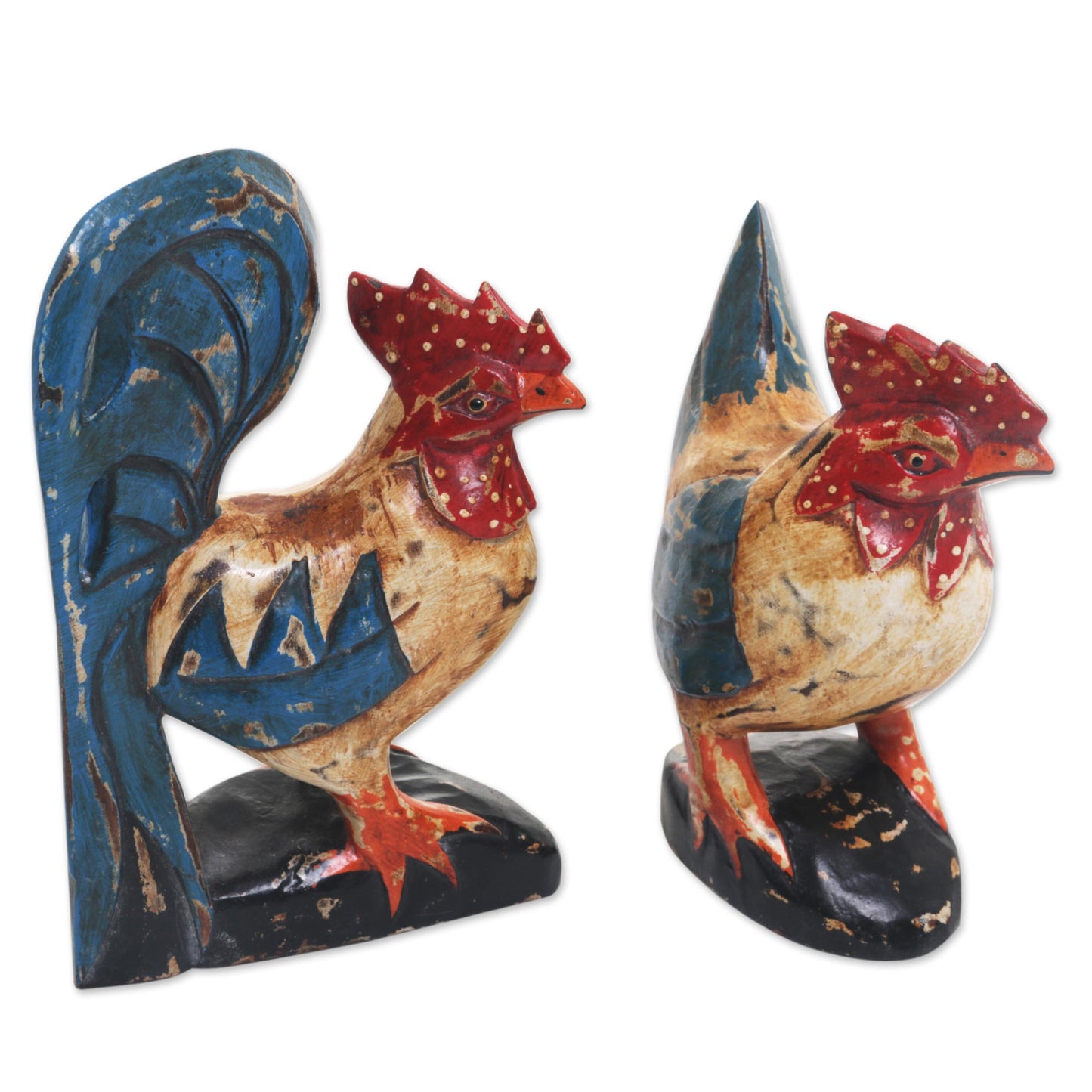 Chicken Couple Wood Chicken Sculptures Blue Red (Pair) from Indonesia