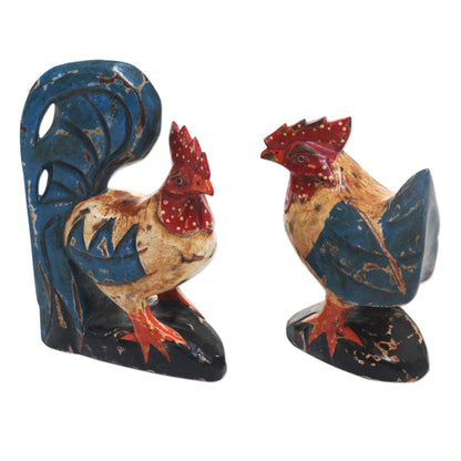 Chicken Couple Wood Chicken Sculptures Blue Red (Pair) from Indonesia