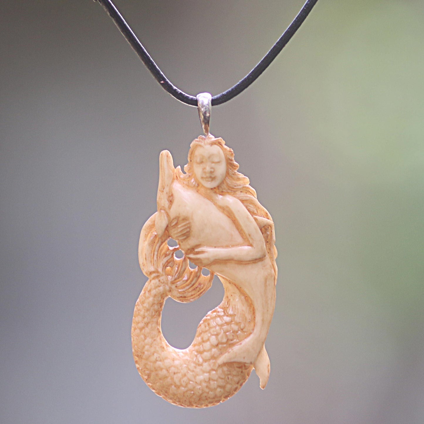 Mermaid & Dolphin Hand-Carved Pendant Necklace