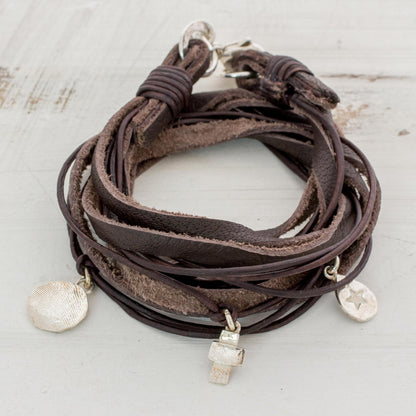 Stellar Imprint Leather Fine Silver Wrap Charm Bracelet from Guatemala