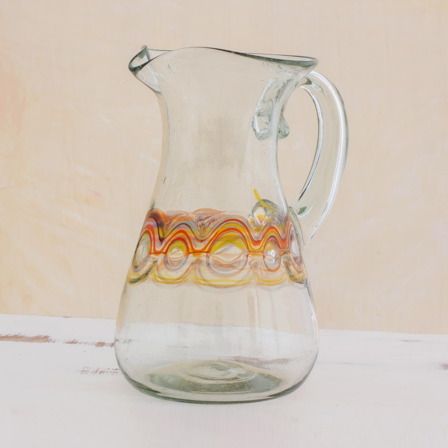 Orange Reef Hand Blown Recycled Glass Pitcher with Orange Motifs