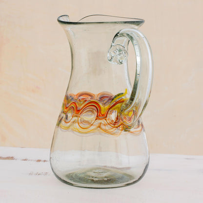 Orange Reef Hand Blown Recycled Glass Pitcher with Orange Motifs