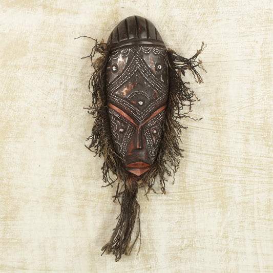 Brown Kotoku Wood Aluminum and Cotton African Mask from Ghana