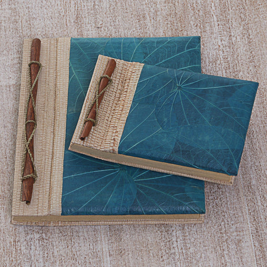 Autumn Spirit in Blue Handcrafted Pair of Rice Paper Notebooks from Indonesia
