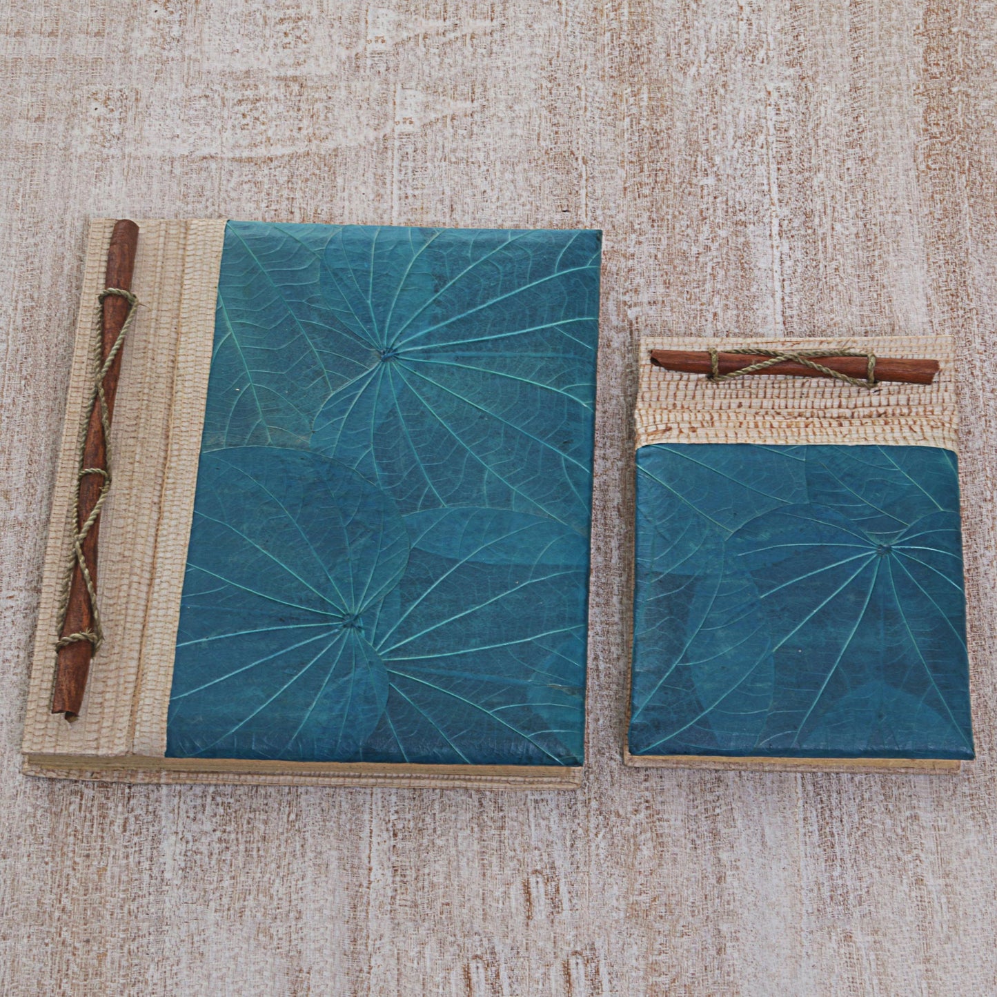 Autumn Spirit in Blue Handcrafted Pair of Rice Paper Notebooks from Indonesia
