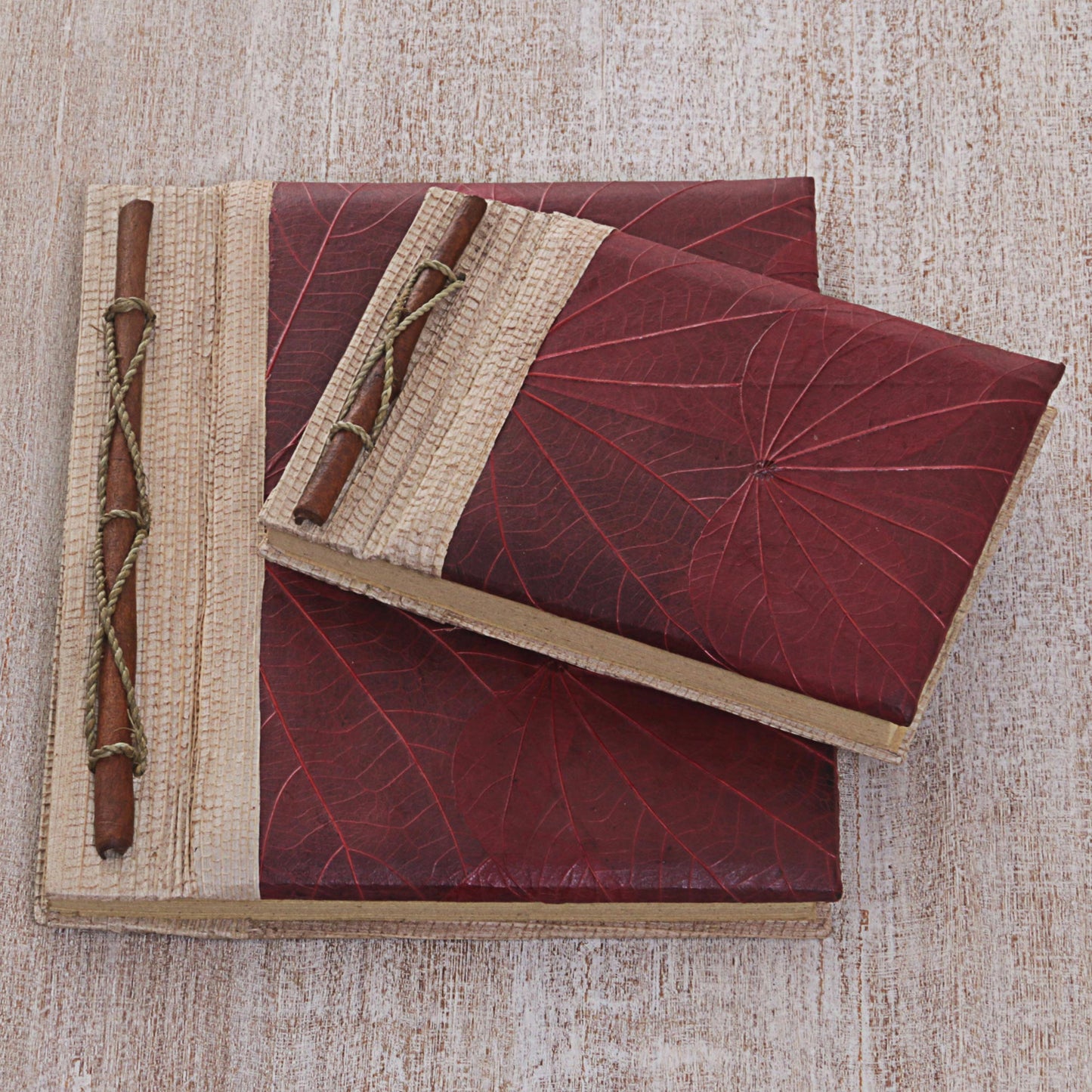 Autumn Spirit in Red Handcrafted Pair of Rice Paper Notebooks from Indonesia