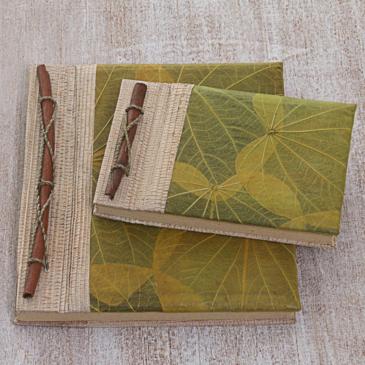 Autumn Spirit in Olive Handcrafted Pair of Rice Paper Notebooks from Indonesia