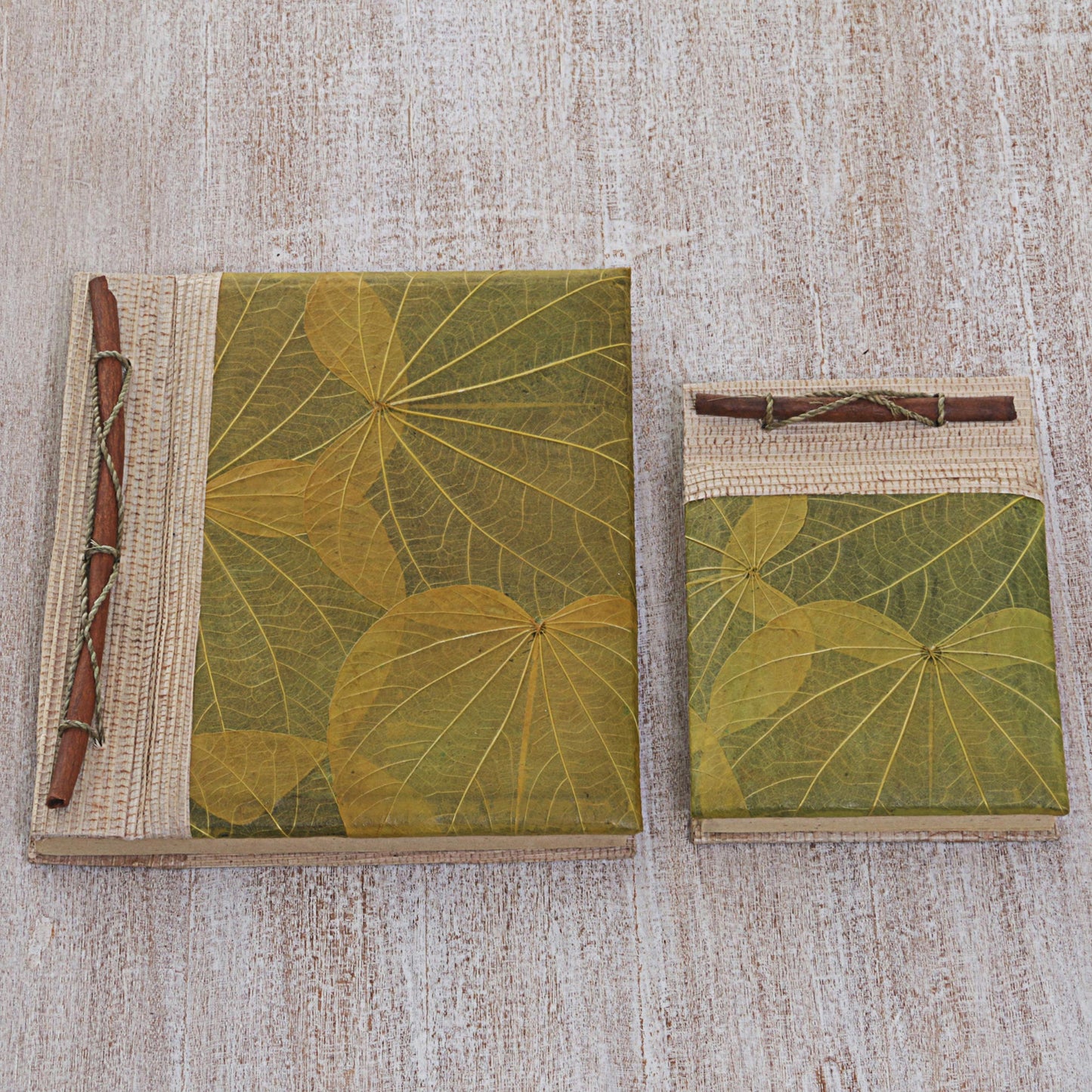 Autumn Spirit in Olive Handcrafted Pair of Rice Paper Notebooks from Indonesia