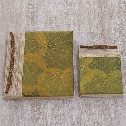 Autumn Spirit in Olive Handcrafted Pair of Rice Paper Notebooks from Indonesia