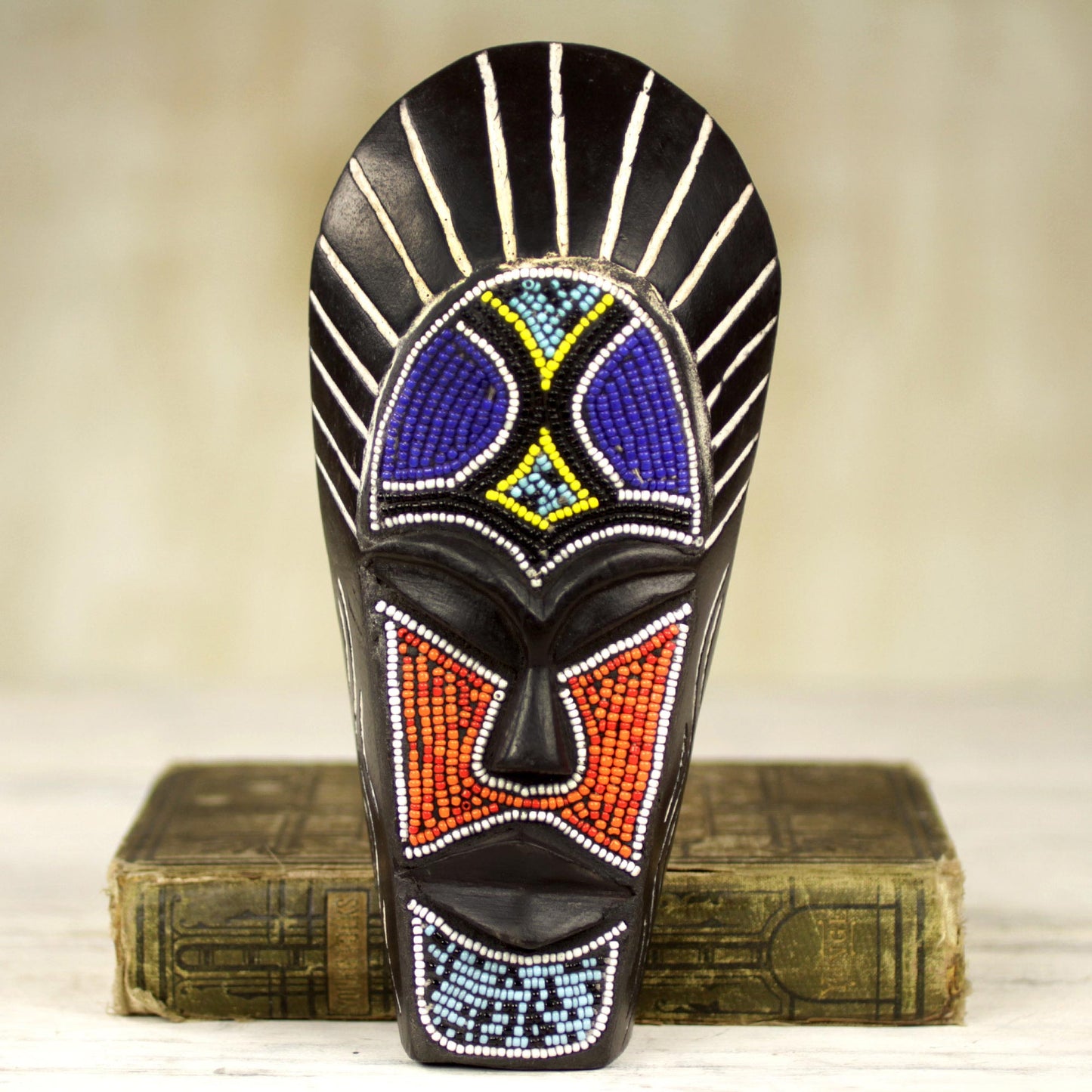 Wangari Warrior Black African Mask Wood Recycled Glass Beads from Ghana