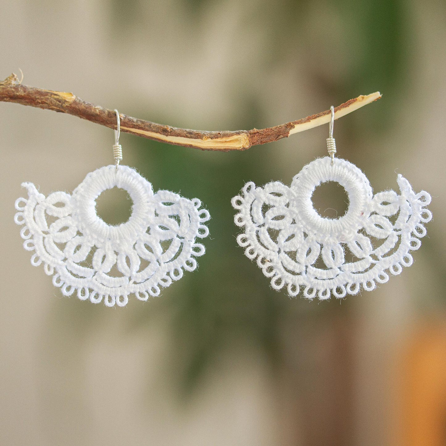 White Sun Handcrafted White Cotton Dangle Earrings with Sun Motif