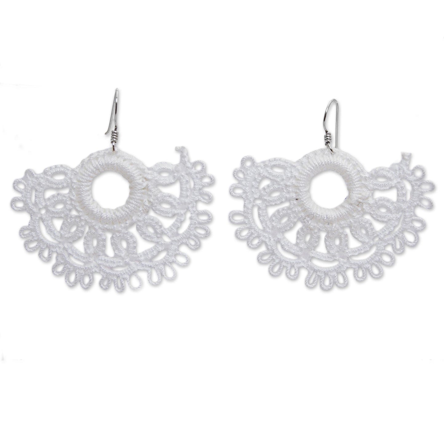 White Sun Handcrafted White Cotton Dangle Earrings with Sun Motif