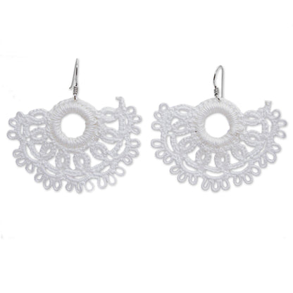 White Sun Handcrafted White Cotton Dangle Earrings with Sun Motif