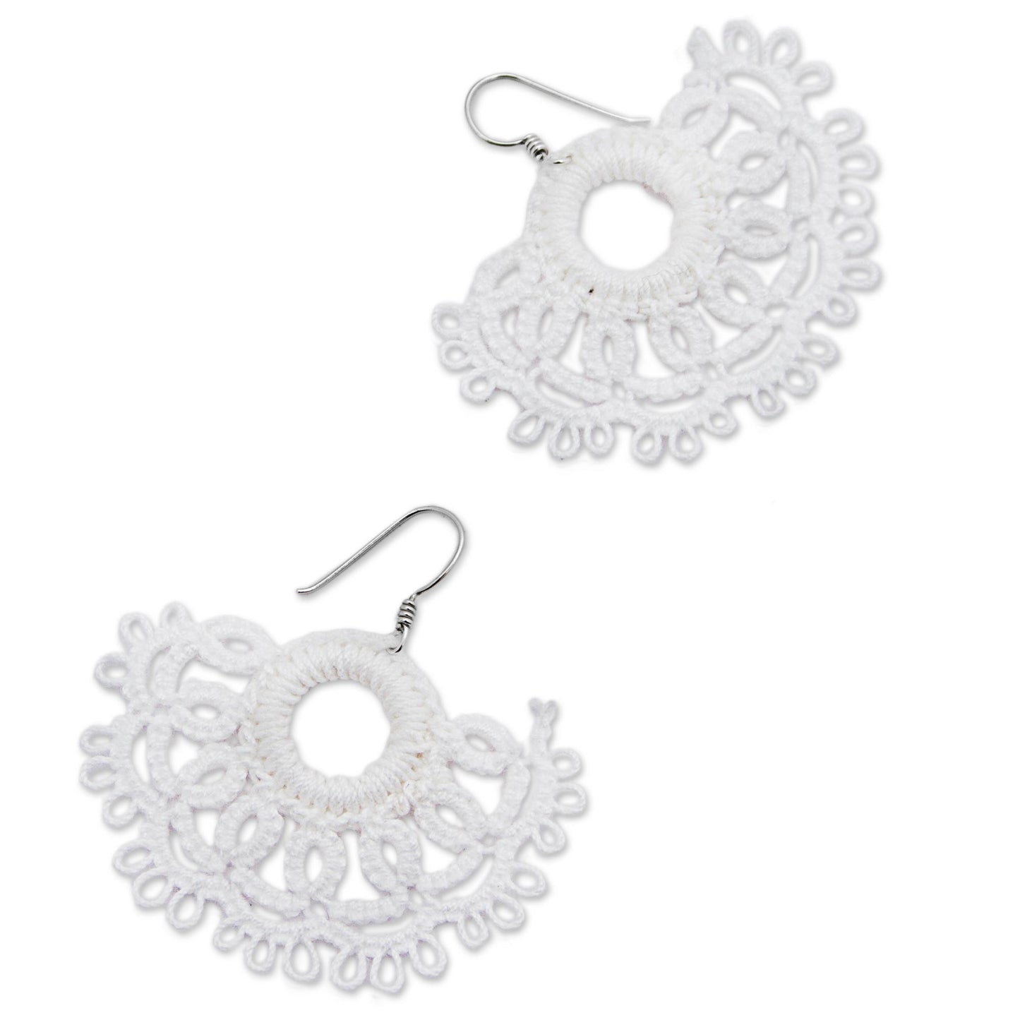 White Sun Handcrafted White Cotton Dangle Earrings with Sun Motif