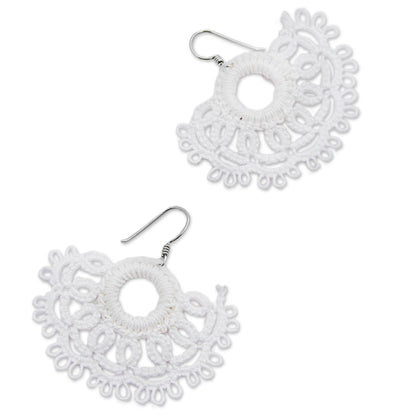 White Sun Handcrafted White Cotton Dangle Earrings with Sun Motif