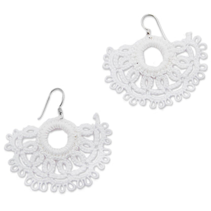 White Sun Handcrafted White Cotton Dangle Earrings with Sun Motif