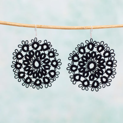 Black Doily Handcrafted Black Cotton Dangle Earrings with Doily Motif