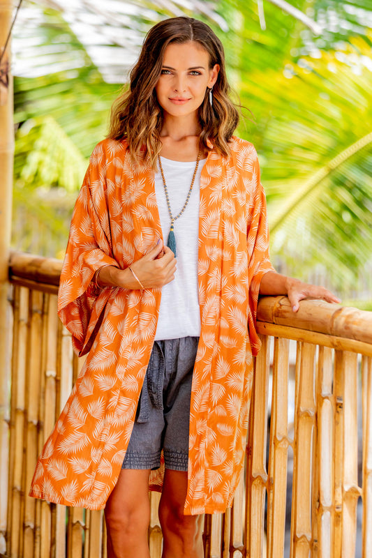 Windy Beach in Orange Balinese Rayon Print Robe in Ivory and Orange