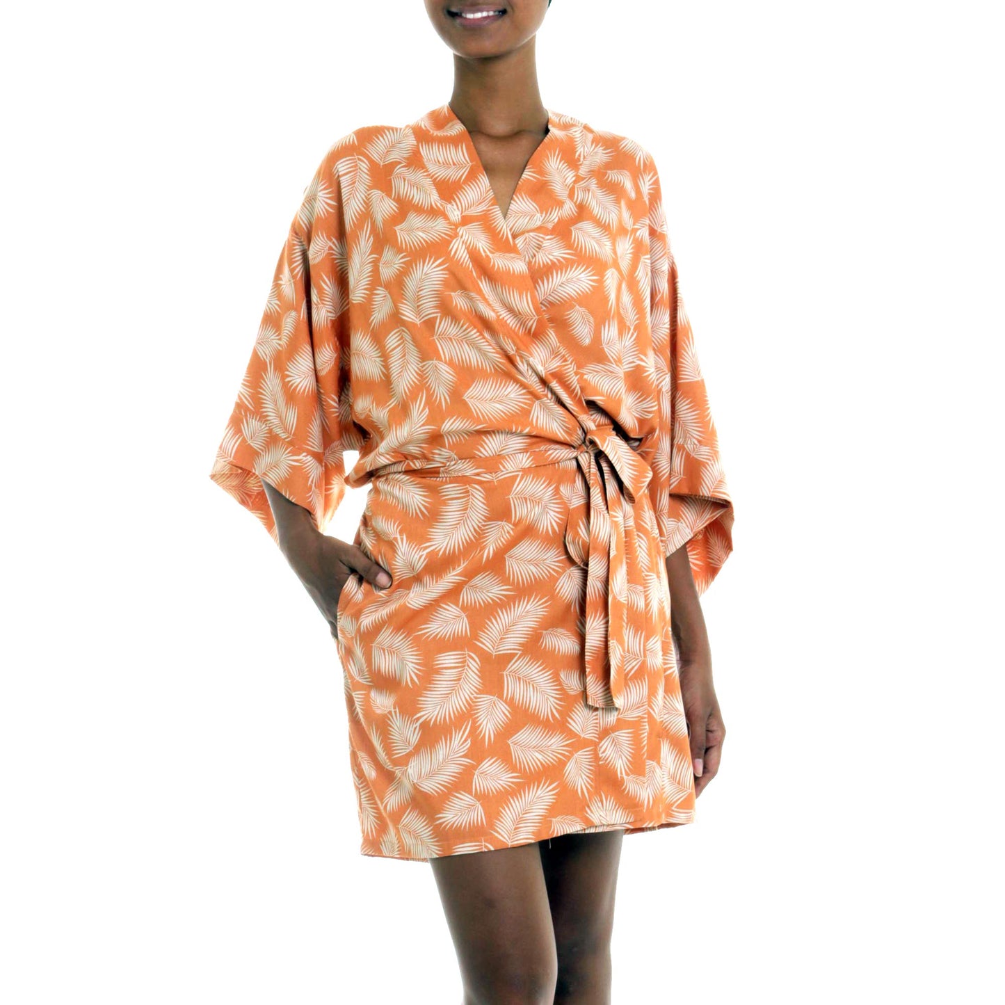 Windy Beach in Orange Balinese Rayon Print Robe in Ivory and Orange