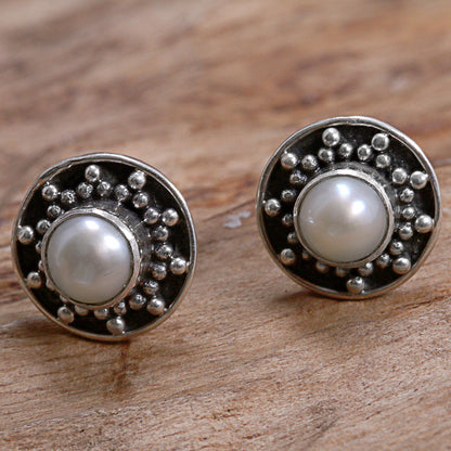 Glowing White Happiness Hand Made Cultured Pearl Stud Earrings from Indonesia