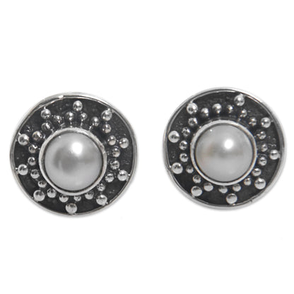 Glowing White Happiness Hand Made Cultured Pearl Stud Earrings from Indonesia